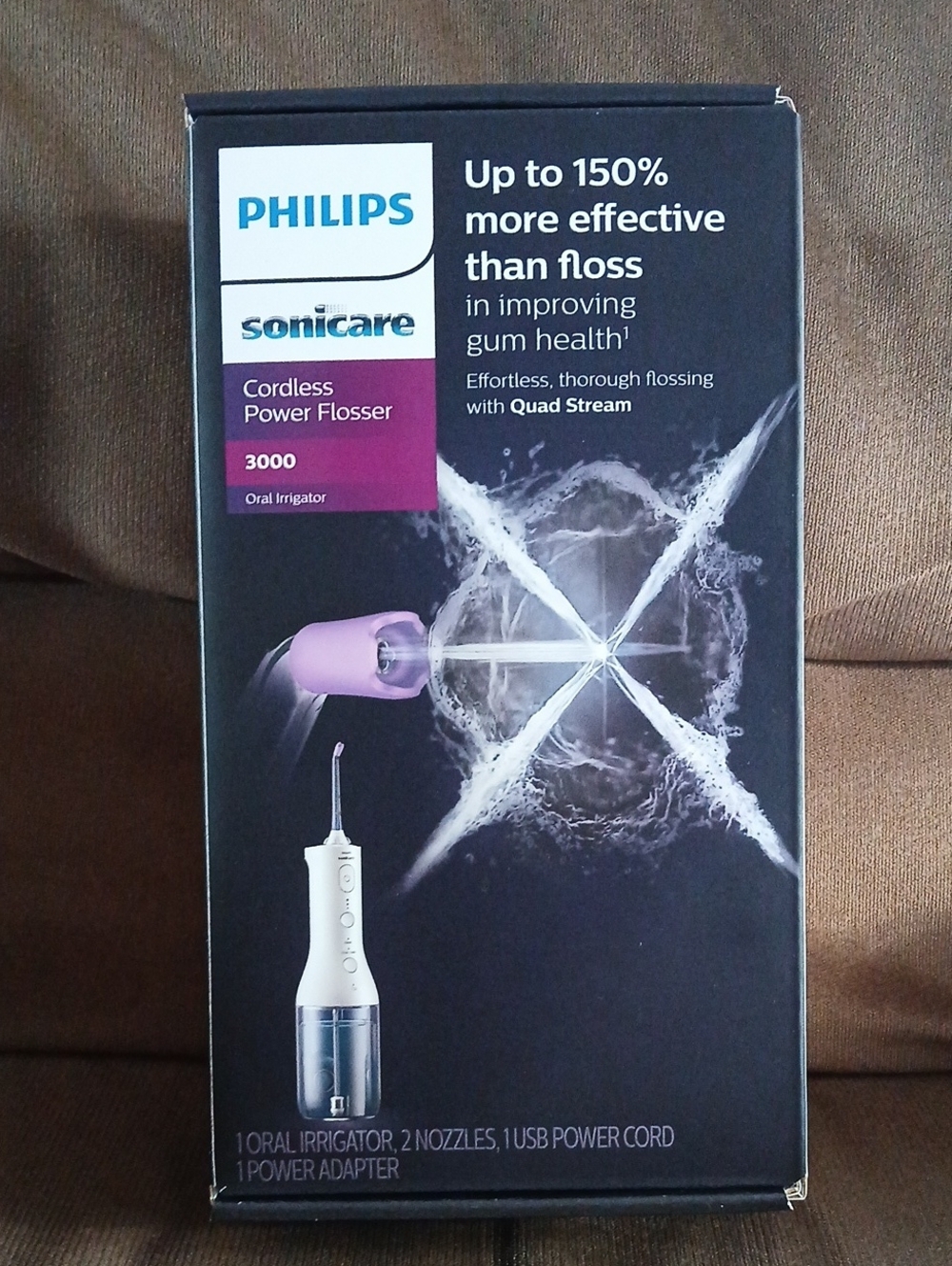 Philips Sonicare Cordless Power Flosser in Black and Purple Packaging